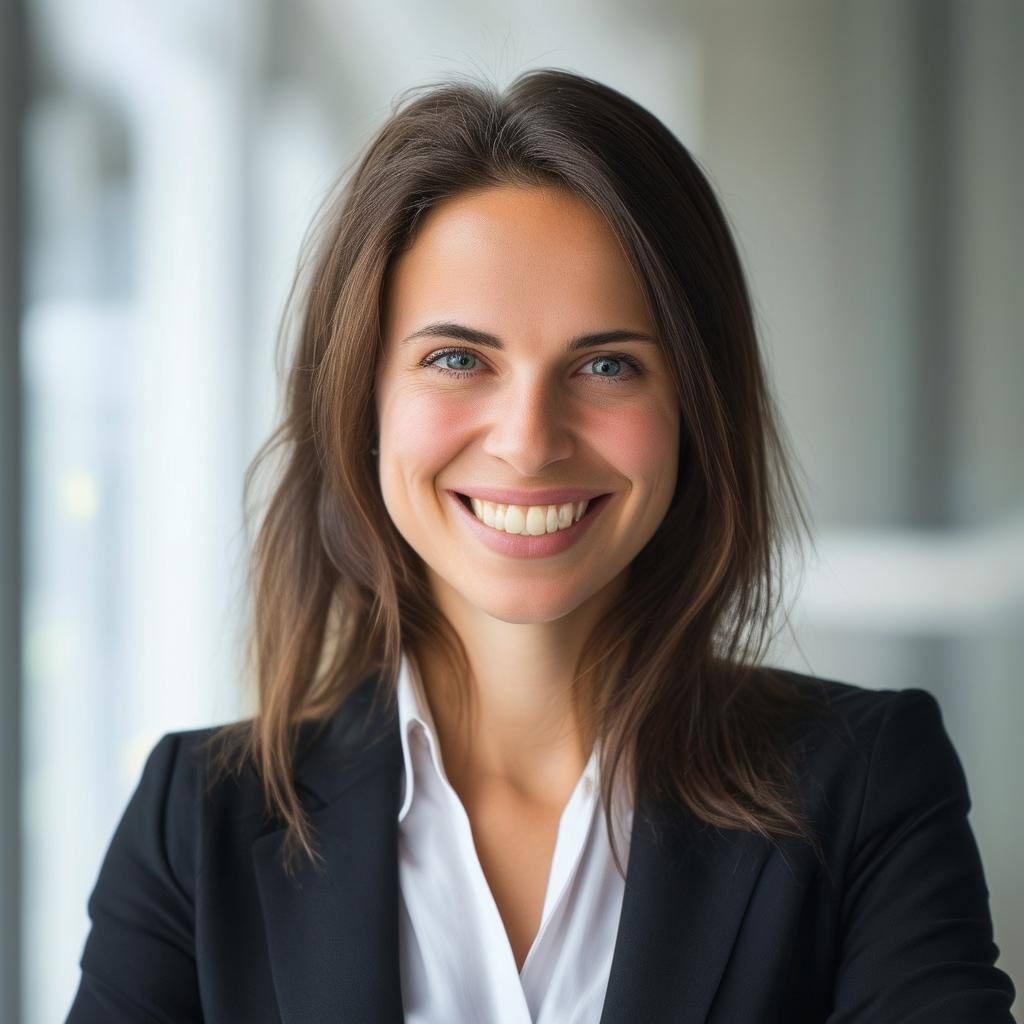Lawyer woman, thirty years old, portrait smiling friendly in the camera